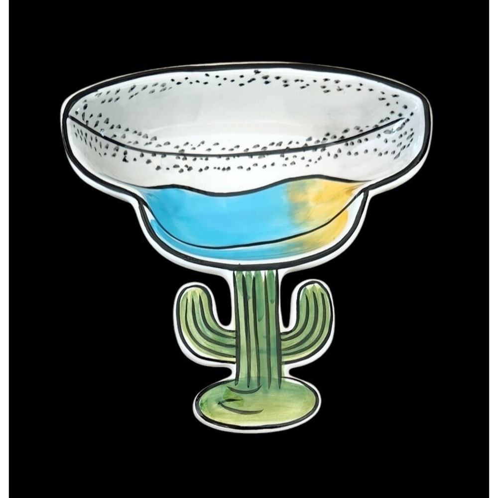 Ceramic‎ Painted Cactus Margarita Chip Salsa Appetizer Dip Bowl Dish CLAY ART
